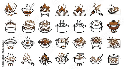 Cooking and Culinary Icon Set in Linear Style. A collection of Food Preparation Linear Icons, including wok, grill, steamer, pot, soup, BBQ, noodles, skewers, and more. Editable stroke, food, chef.