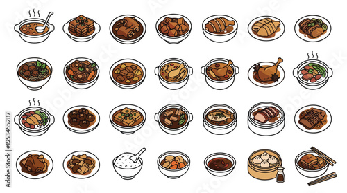 Asian Cuisine Icon Set in Line Art Style. A collection of Chinese food linear icons, including braised pork, noodles, soup, stew, chicken, duck, mushroom, rice, tofu, fish, veggies, and more. Vector.