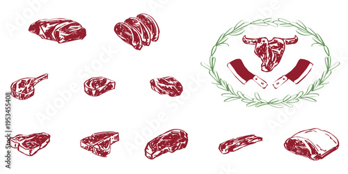 Vintage sketch meat elements with butcher logo emblem. Perfect for culinary packaging, restaurant identity, and farmhouse kitchen decor. High-quality artisanal beef illustrations.
