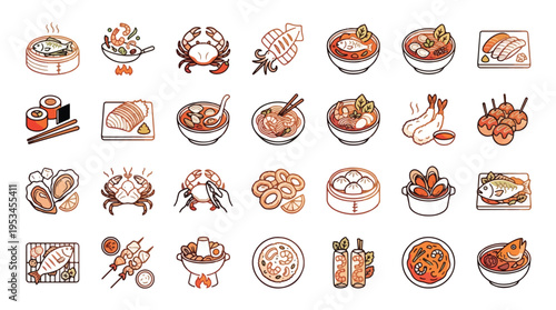 Seafood Cuisine Icon Set in Line Style. A collection of seafood linear icons, including sushi, fish, crab, shrimp, ramen, soup, lobster, oyster, calamari, prawn, and more. Editable stroke.
