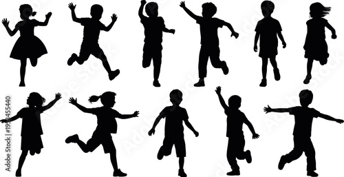 Kids jumping silhouettes collection, happy children playing running jumping poses, childhood fun activity concept isolated, flat vector illustration