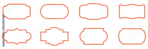 Set of vintage cinema marquee frames. Retro theater outline borders, decorative geometric ticket shapes, red and gold dashed line label collection.
