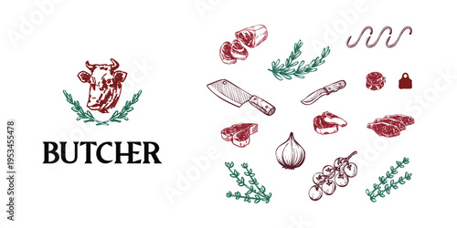 Rustic sketch elements of beef cuts, rosemary, garlic, and butchery tools. Versatile design assets for barbecue event posters, deli signage, and traditional kitchen decor.
