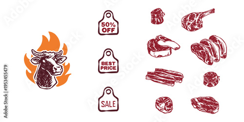 Hand-drawn beef cuts and steak set with flaming cow head logo. Ideal for butcher shop branding, BBQ restaurant menus, and meat sale promotional flyers or posters.