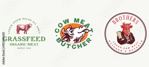 Collection of rustic meat market logos including grass-fed organic beef badges and whimsical butcher character icons for craft food industry identity and premium cattle farm labels.