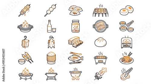 Asian BBQ and Street Food Icon Set in Linear Style. A collection of Food Linear Icons, including skewer, dumpling, grill, duck, kimchi, noodles, squid, fish, steak, flame, and more. Editable stroke.