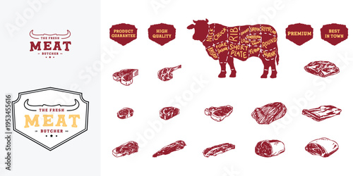Vintage butcher shop branding kit featuring a cow primal cuts diagram, assorted meat steak sketches, and rustic emblems for artisanal meat market menus and organic farm packaging designs.