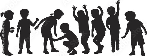 Kids playing silhouettes collection, children active poses set, boys and girls fun activities, childhood concept, black shapes, flat vector illustration