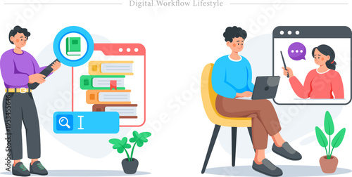 Digital Workflow Lifestyle Flat Vector Remote Work E learning Collaboration Illustration