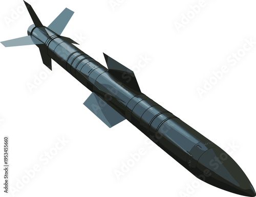 Detailed digital rendering of metallic missile rocket with aerodynamic design, pointed nose cone, cylindrical body, stabilizing fins, aerospace engineering and 