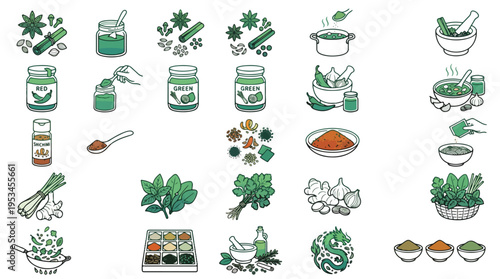 Asian Cooking Ingredients Icon Set in Linear Style. Collection of food linear icons, including curry paste, chili, lemongrass, ginger, garlic, star anise, cinnamon, mortar, herbs