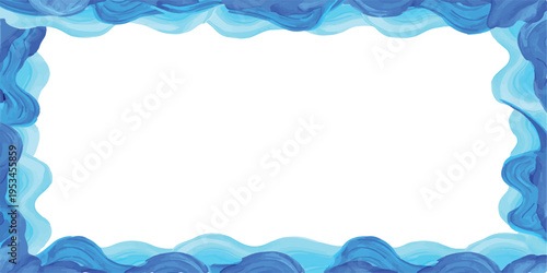 Abstract layered blue waves border with fluid, organic curves creating a decorative frame with white central space, copy space