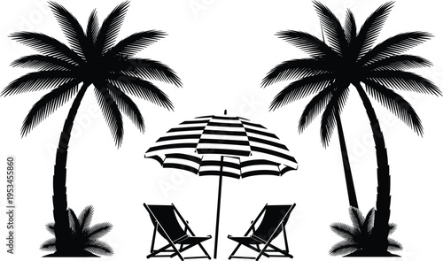 Tropical palm trees and wooden deck chairs on white background black silhouette