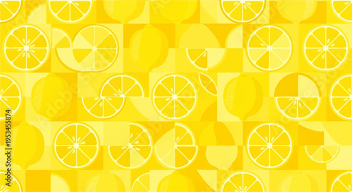 Vibrant yellow background with overlapping lemon slices and citrus patterns bright food texture