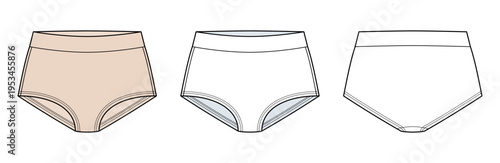 Classic skin tune High Waist Brief Technical Fashion Illustration. Women’s Everyday Underwear with Soft Leg Curve and Comfortable Fit Vector Template Front and Back Views CAD Mockup.