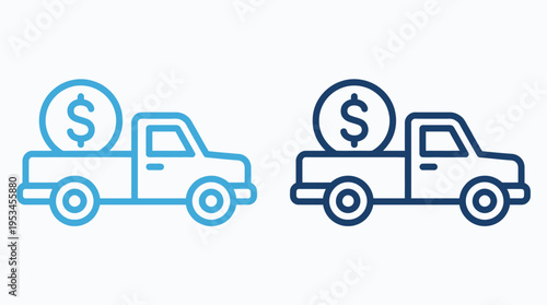 Minimalist pickup truck icons carrying dollar coins, symbolizing finance, logistics, money transport, business services, economic value, delivery.