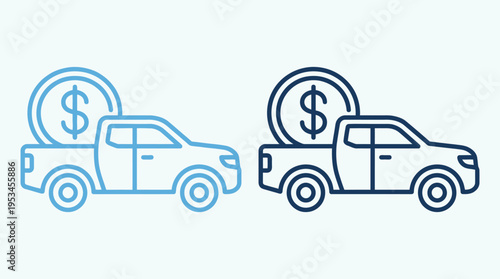 Minimalist pickup truck icons carrying dollar coins, symbolizing finance, logistics, money transport, business services, economic value, delivery.
