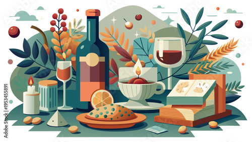 Vector wine and bread seamless border pattern with flowers