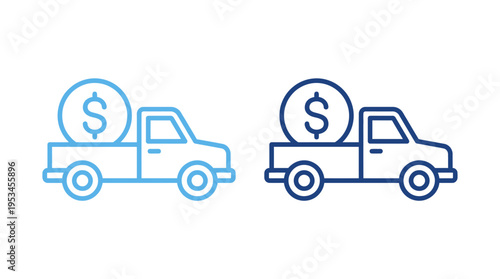 Minimalist pickup truck icons carrying dollar coins, symbolizing finance, logistics, money transport, business services, economic value, delivery.