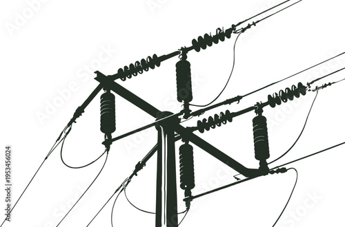 High‑voltage electrical transmission structure silhouette with insulators and conductors, substation icon design for energy distribution, infrastructure, engineering, and electricity system artwor
