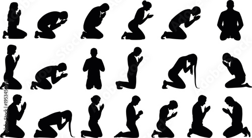 Kneeling people praying silhouettes collection showing men and women in spiritual prayer poses worship devotion isolated, flat vector illustration