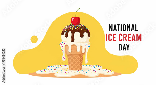 Colorful ice cream cone with chocolate sauce and cherry on national ice cream day