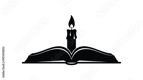 An open book with a burning candle depicted in black silhouette