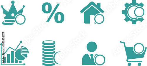 Eight teal icons representing business and finance concepts