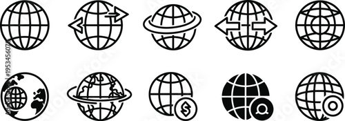 Collection of globe icons with various rotations and styles