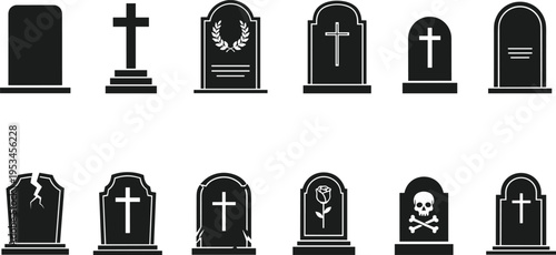 Gravestone and tombstone icon set with crosses skull and floral elements, cemetery and funeral symbols collection, black vector illustration isolated on white background