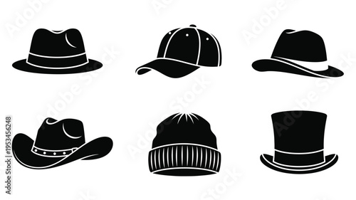 Various styles of hats displayed in a black graphic silhouette