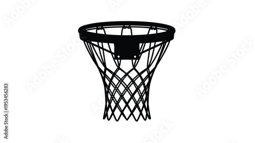 A black basketball hoop and net against a white background silhouette