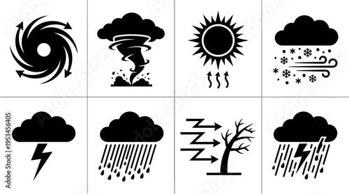 Weather Icons Vector – Hurricane, Tornado, Sun, Snow, Thunderstorm, Heavy Rain, Wind, Severe Warning Graphic
