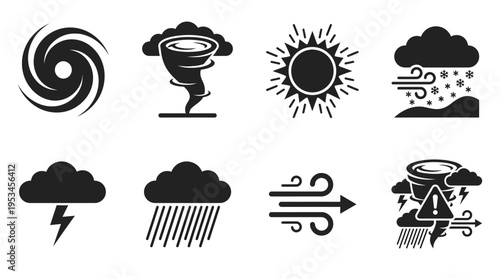 Weather Icons Vector – Hurricane, Tornado, Sun, Snow, Thunderstorm, Heavy Rain, Wind, Severe Warning Graphic
