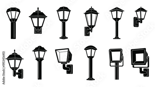 Collection of vintage street lamps in a striking black silhouette