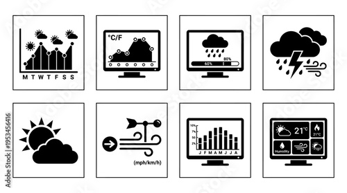 Weather Icons Vector – Forecast Chart, Temperature Graph, Rain, Storm, Sun Cloud, Wind, Dashboard Graphic

