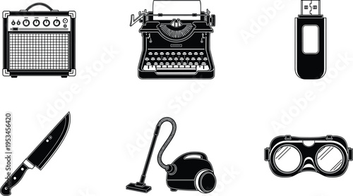 Vintage and modern household items collection with amplifier, typewriter, USB flash drive, knife, vacuum cleaner and safety goggles, isolated vector illustration for daily life equipment set