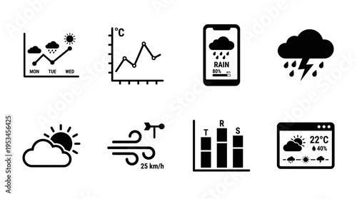 Weather Icons Vector – Forecast Chart, Temperature Graph, Rain, Storm, Sun Cloud, Wind, Dashboard Graphic
