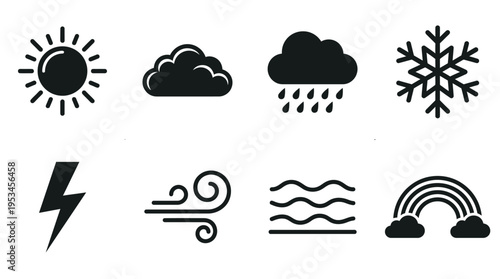 Weather Icons Vector – Sun, Cloud, Rain, Snowflake, Lightning, Wind, Fog, Rainbow Graphic
