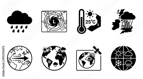 Weather Icons Vector – Rain Cloud, Cyclone Map, Thermometer, Globe, Satellite, Global Forecast Graphic
