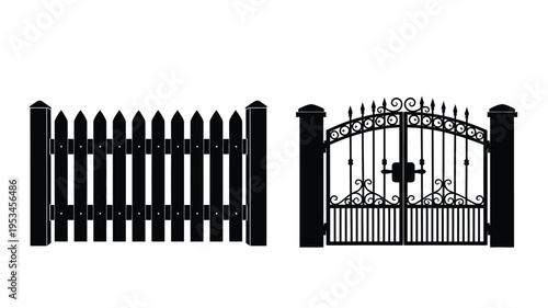 Two ornate gates displayed in contrasting black silhouettes