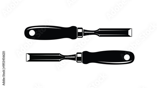 Two black chisels displayed horizontally a striking silhouette