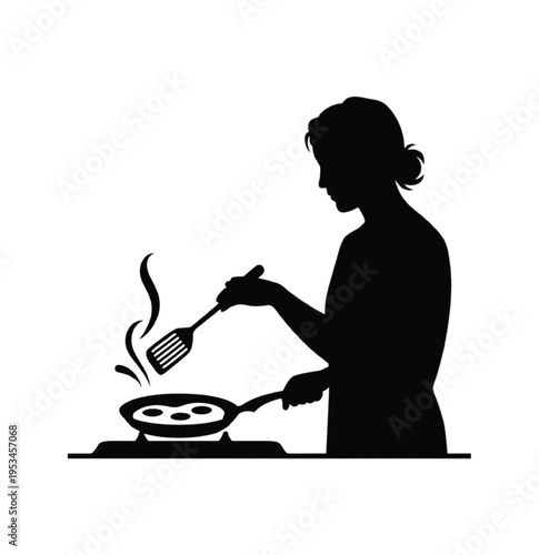 Silhouette of person cooking with frying pan and spatula vector illustration EPS PNG file
