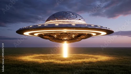 UFO landing in the field at dusk.