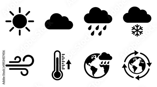 Weather Icons Vector – Sun, Cloud, Rain, Snow, Wind, Thermometer, Globe, Climate Change Graphic
