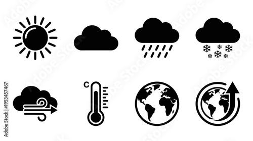 Weather Icons Vector – Sun, Cloud, Rain, Snow, Wind, Thermometer, Globe, Climate Change Graphic
