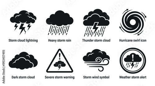 Weather Icons Vector – Storm Cloud, Heavy Rain, Thunder, Hurricane, Wind, Warning Alert Graphic
