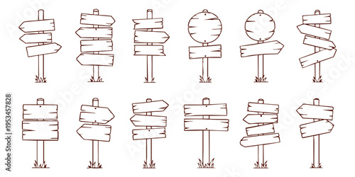 A collection of various directional signs standing upright outdoors.