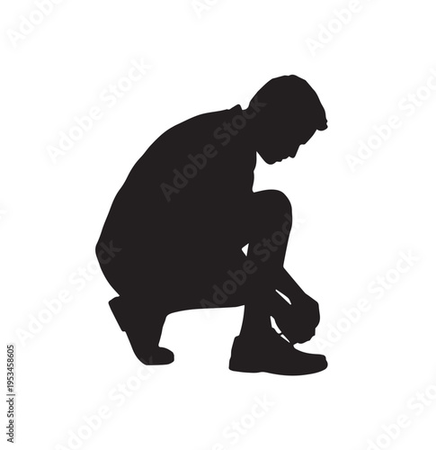 Black silhouette of a person squatting down and tying shoe vector illustration EPS PNG file