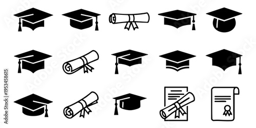 Graduation ceremony icons display caps diplomas and certificates on white